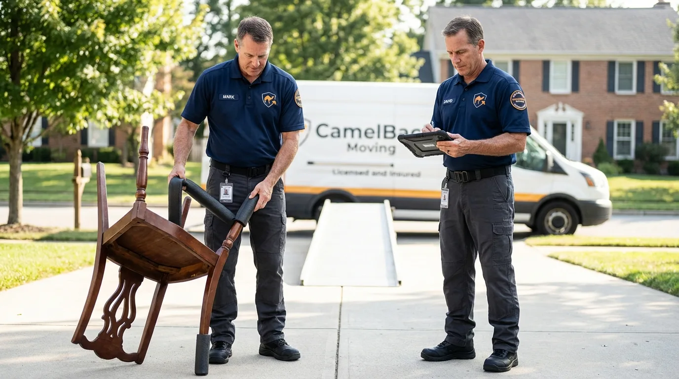 Movers inspecting furniture for damage prevention before loading in Clarkston, WA