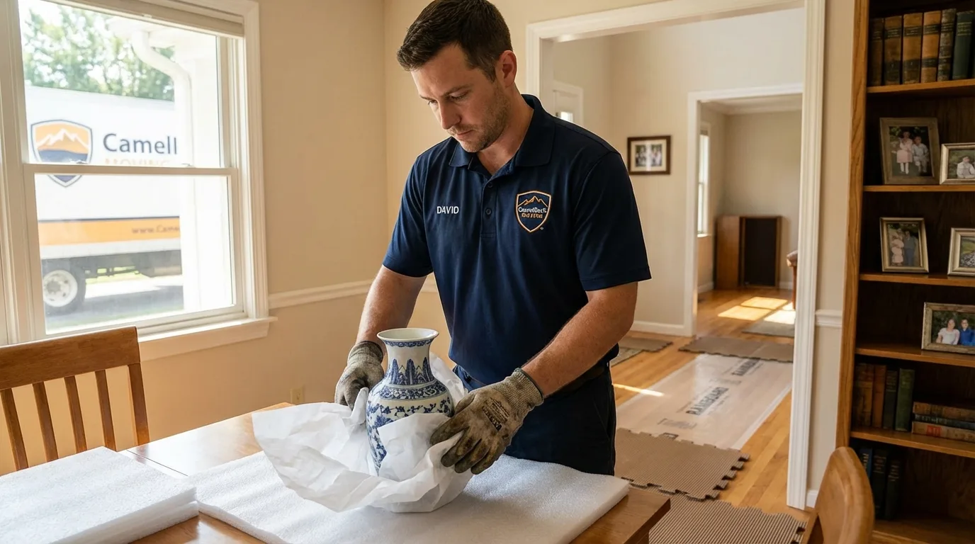 Professional crew carefully wrapping antique vase for senior downsizing move in Clarkston, WA
